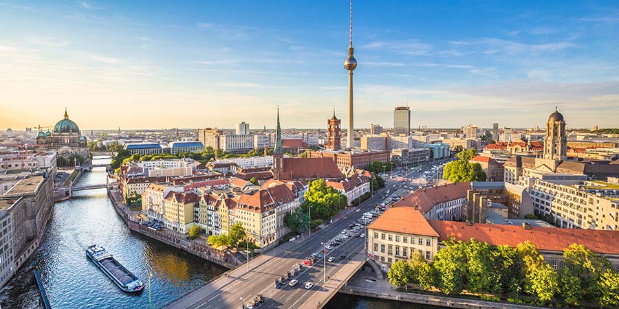 An aerial view of the Berlin skyline and Spree river.